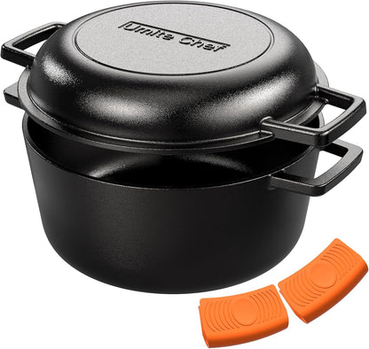 Cast Iron Dutch Oven Pot with Skillet Lid – Pre-Seasoned – Skillet Lid Cooking Pan– Pfas-Free – Cast Iron Skillet Cookware for Bread, Frying, Baking – Dual Handles – Oven, Grill, Campfire & Stovetop Safe – Durable & Non-Toxic, 5QT1