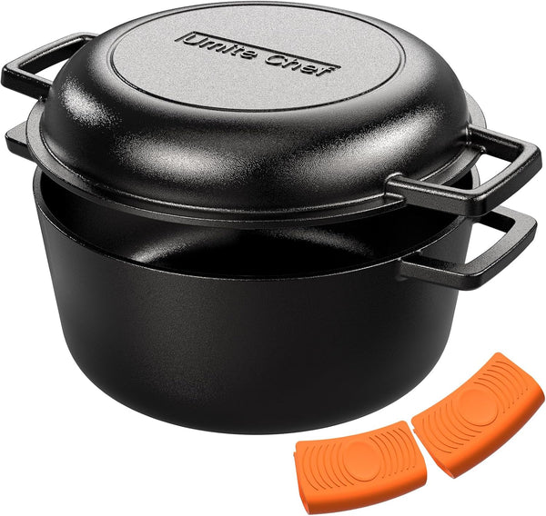 Cast Iron Dutch Oven Pot with Skillet Lid – Pre-Seasoned – Skillet Lid Cooking Pan– Pfas-Free – Cast Iron Skillet Cookware for Bread, Frying, Baking – Dual Handles – Oven, Grill, Campfire & Stovetop Safe – Durable & Non-Toxic, 5QT1