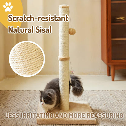 Meowhomm 32” Tall Cat Scratching Posts for Indoor Cats Adults with 2 Hanging Ball, Large Cat Scratch Post Cat Scratcher Includes Sisal Rope(Yellow)3