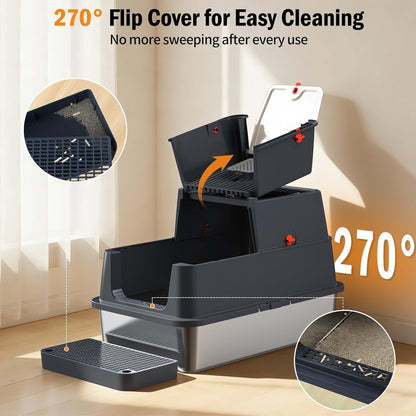 Stainless Steel Litter Box with Lid, Enclosed Metal Litter Box, Extra Large Kitty Litter Pan Covered with Scoop & Pedal, Odor Control, Odor Free, Front & Flip-Top Entry, Black2
