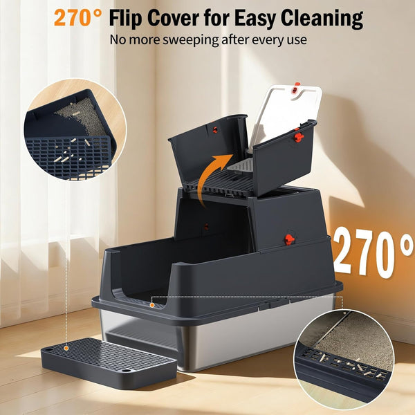 Stainless Steel Litter Box with Lid, Enclosed Metal Litter Box, Extra Large Kitty Litter Pan Covered with Scoop & Pedal, Odor Control, Odor Free, Front & Flip-Top Entry, Black2
