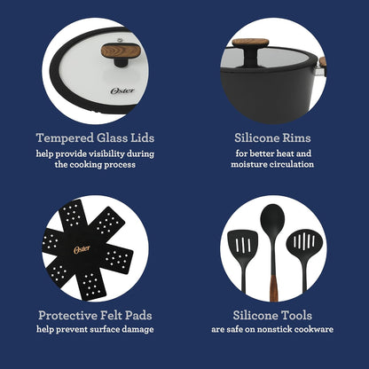 Oster Platinum Oxburg 14 Piece Forged Aluminum PFA Free Non-Toxic Premium Ceramic Non Stick Interior Cookware & Kitchen Tools Set - Black W/Wood Handles6