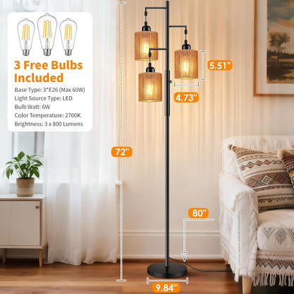 72" Boho Rattan Tree Floor Lamp, Tall Dimmable Industrial Standing Lamp, Corner Decor Accent Lighting for Living Room, Bedroom, Dining Room, Nursery, Cafe (3 X 800LM Bulbs Included) - Black6