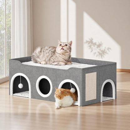 Cat House for Indoor with Fluffy Ball and Scratch Pad | 35” Foldable Cat Bed with Removable Divider,3 Separate Cat Cave for Multi Cats Puppy Family6