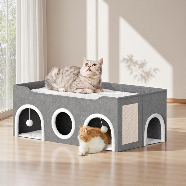 Cat House for Indoor with Fluffy Ball and Scratch Pad | 35” Foldable Cat Bed with Removable Divider,3 Separate Cat Cave for Multi Cats Puppy Family6