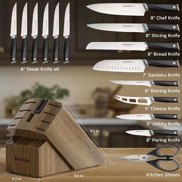 Knife Set, Kitchen Knives Set with Block and Sharpener Full Tang 17 Pcs German Stainless Steel Knives Sharp Blade Dishwasher Safe Premium Knife Set, Black Father Day Gifts for Men8