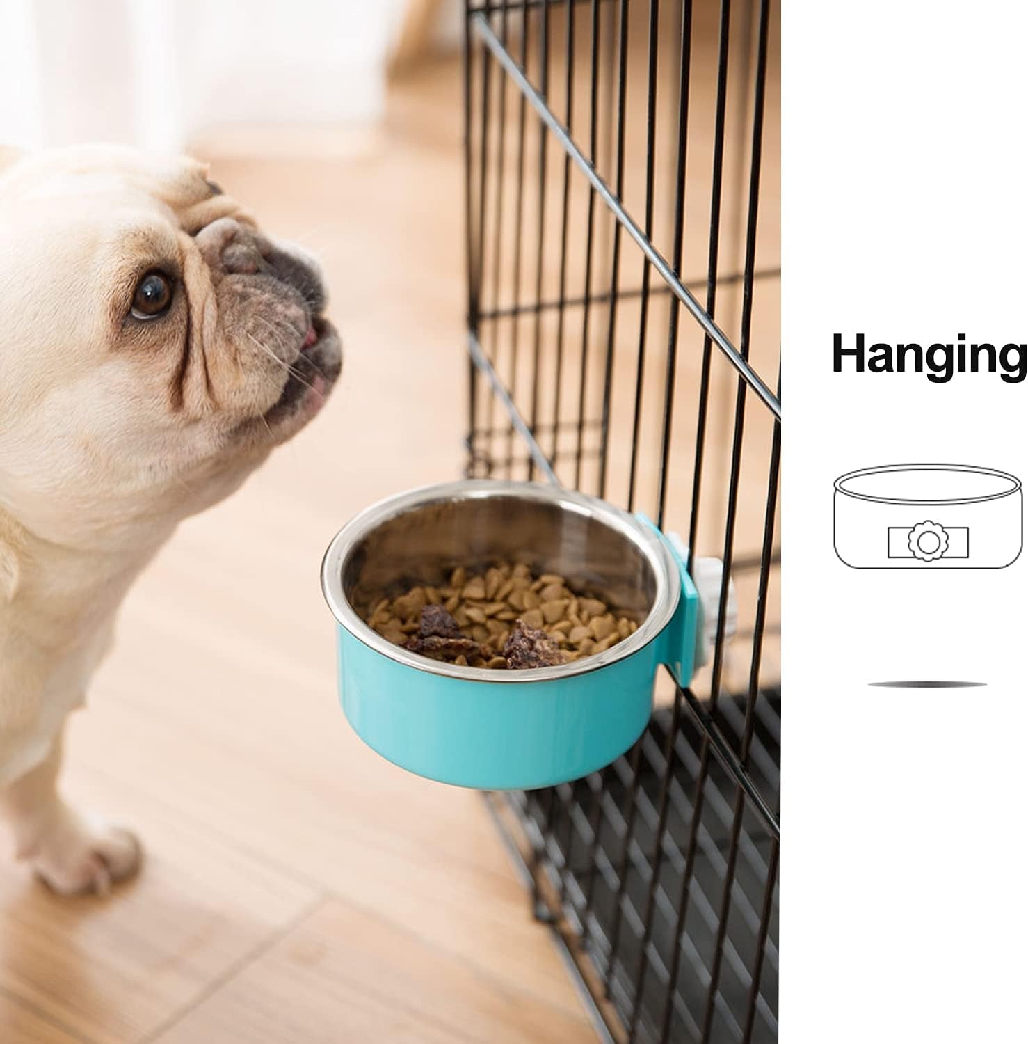 mechpia-2-pieces-crate-dog-bowl-removable-stainless-steel-pet-kennel-hanging-food-water-feeder-bowl-cage-coop-cup-for-puppy-medium-dog-cat-rabbit-ferret-bird-blue-green