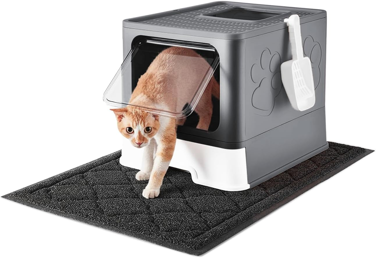 medario-cat-litter-box-with-litter-mat-and-scoop-large-covered-litter-box-with-lid-enclosed-kitty-box-front-entry-top-exit-odor-control-easy-to-clean-grey
