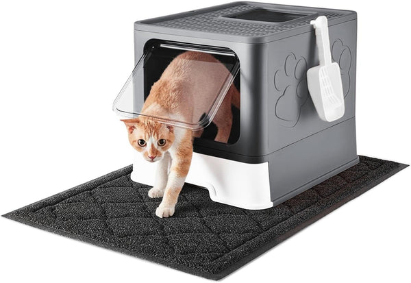 Medario Cat Litter Box with Litter Mat and Scoop, Large Covered Litter Box with Lid, Enclosed Kitty Box, Front Entry Top Exit, Odor Control, Easy to Clean (Grey)10
