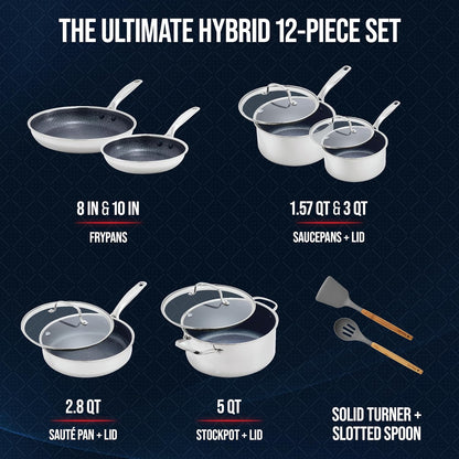Hybrid 12 Piece Stainless Steel Nonstick Cookware Set | Pfas-Free Ceramic Nonstick Pots & Pans, Diamond Bond, Induction & All Cooktop Ready, Dishwasher and Oven Safe, Glass Lids3