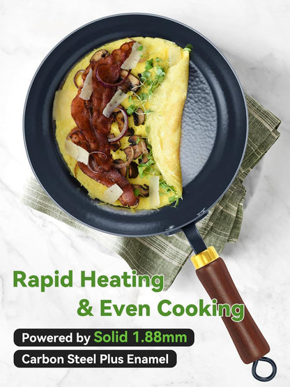 9.5" Enameled Carbon Steel Skillet, Nonstick Frying Pan | Carbon Steel Pan, Stay-Cool Wooden Handle, High Wall Pan, Season-Free Stir-Fry Pan, Non-Toxic PTFE & PFOA Free3