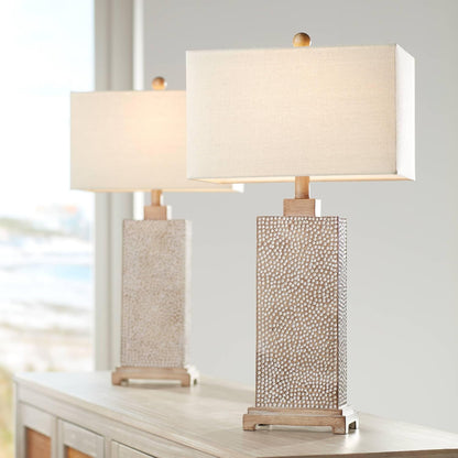 Caldwell 26 3/4" Tall Table Lamps Set of 2 Hammered Base Farmhouse Rustic | Faux Wood Earth Bedroom Living Room House Home Bedside Nightstand Office Family Oatmeal Rectangular Shade9
