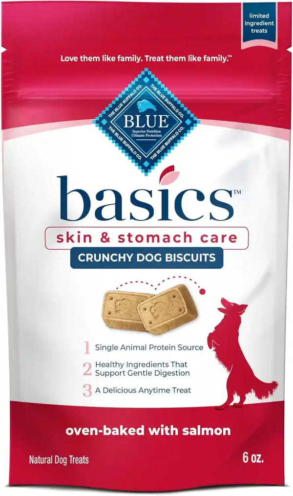 Blue Buffalo Basics Crunchy Dog Biscuits for Skin & Stomach Care, Limited Ingredient Diet Dog Treats, Salmon & Potato Recipe, 6-Oz. Bag1