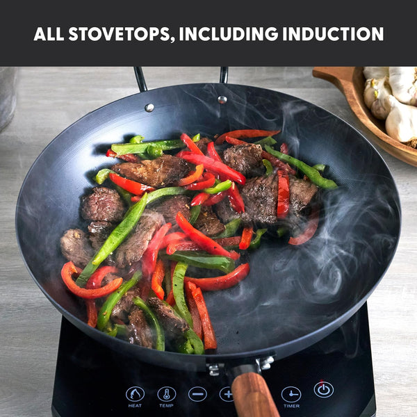 Carbon Steel Wok 14”, Flat Bottom, Durable Stir-Fry Pan, Pre-Seasoned Ready to Use, High Heat Retention, Induction, Ash Wood Handle, Kyoto, Black8