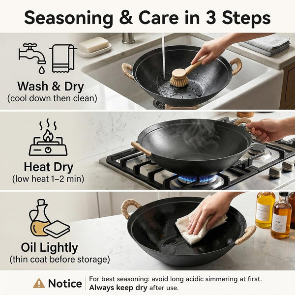 13.4 Inch Cast Iron Wok with Wooden Lid and Iron Spatula, Flat Bottom Double-Handle Chinese Stir Fry Pan, Uncoated Cast Iron Wok for Induction, Gas and Electric Stoves8