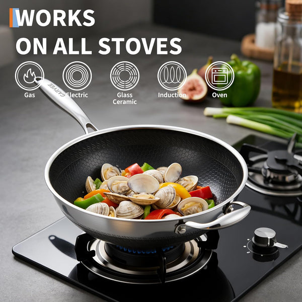 13 Inch Wok Pan,Pfoa Free Cookware,Non Stick Stainless Steel Woks & Stir-Fry Pans Nonstick, Dishwasher and Oven Safe, Works on Induction | Multi Layer Composite Steel Structure, Durable and Uniformly Heated, Dishwasher Safe7