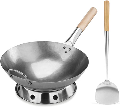 Carbon Steel Wok Set - 14" round Bottom, Hand Hammered with Wood and Steel Helper Handle, Includes Rack/Ring and Spatula (Hand Wash Recommended)1