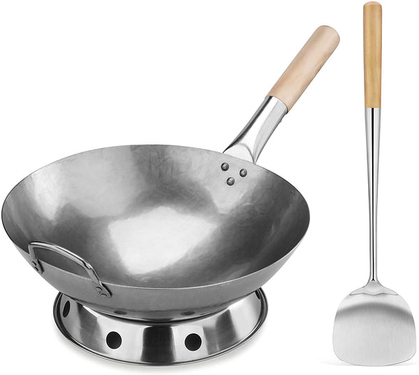 Carbon Steel Wok Set - 14" round Bottom, Hand Hammered with Wood and Steel Helper Handle, Includes Rack/Ring and Spatula (Hand Wash Recommended)1