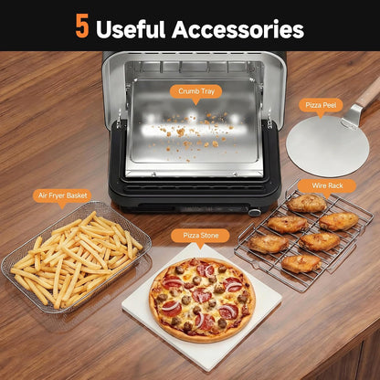 Convection Pizza Oven Electric, IPX4 Waterproof Countertop Air Fryer Oven, Fits 13-Inch Pizza, Heats up to 750℉, 6 Cooking Functions and 5 Pizza Presets, Pizza Stone & Pizza Peel Included9