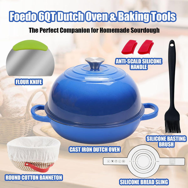 6QT Enameled Cast Iron Dutch Oven for Bread Baking – Sourdough Starter Kit with Cotton Basket, Bread Sling, Lame, Brush & Handle Cover – Multi-Purpose Pot for Baking, Frying, Braising – Blue3