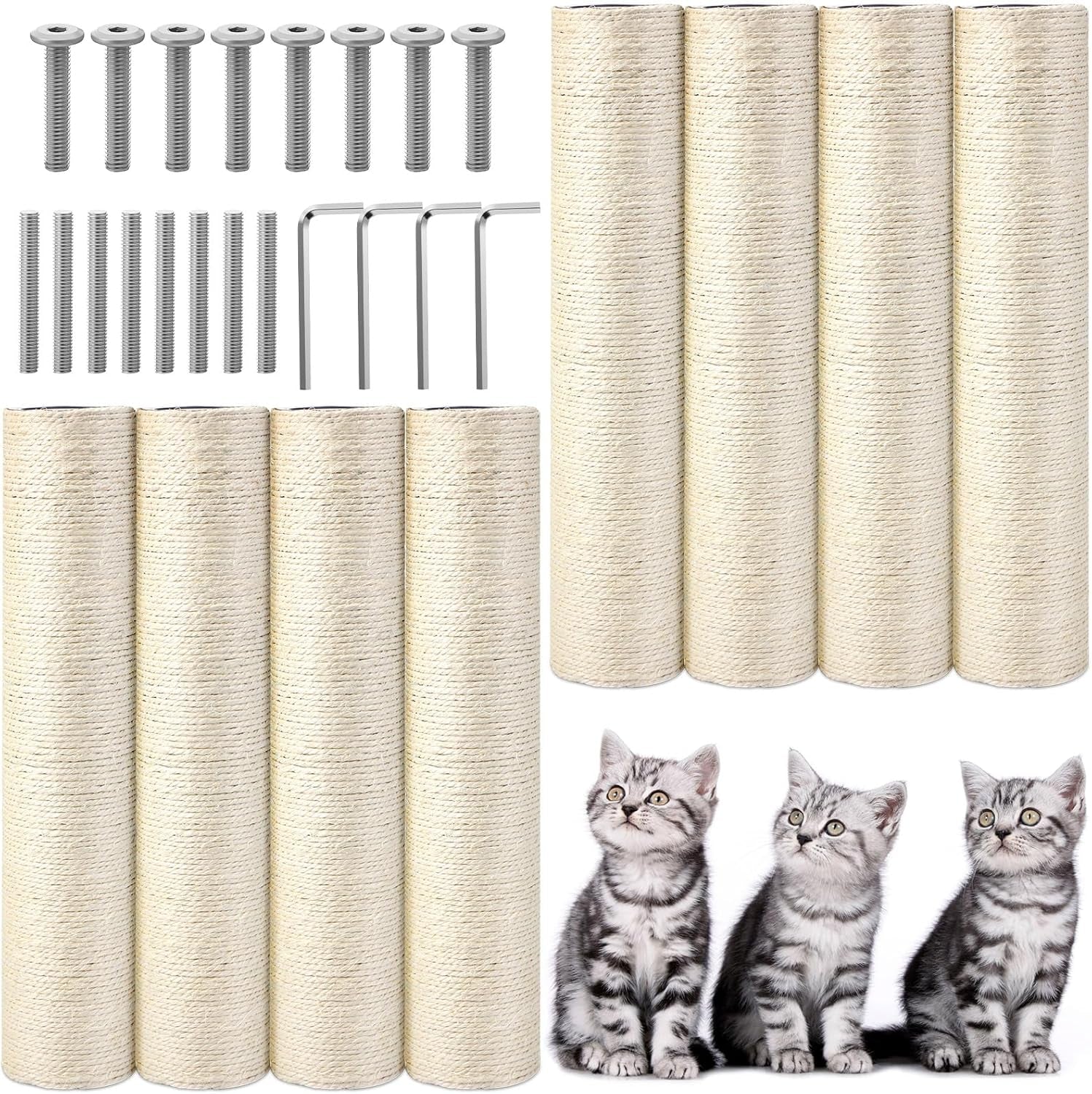 arrowbash-8-pcs-m8-cat-scratching-post-replacement-15-7x3-1-sisal-pole-cat-tree-climbing-post-replacement-with-screw-refill-scratcher-pole-for-indoor-kitten-tree-tower-spare-pet-furniture-protector