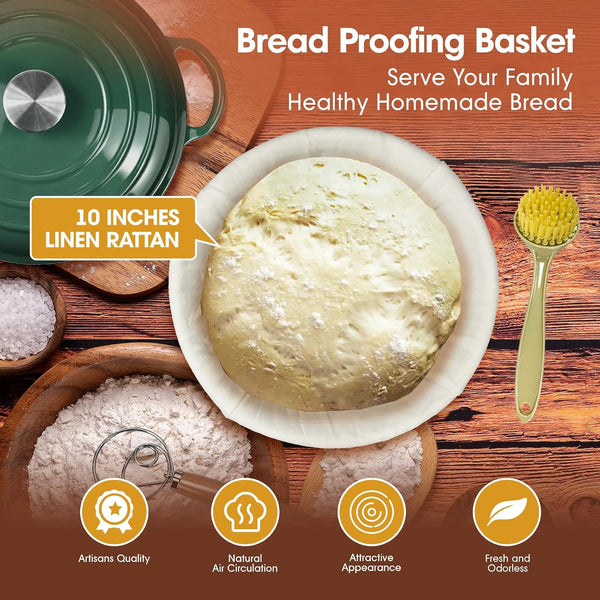 5QT Enameled Cast Iron Dutch Oven for Bread & Multi-Cooking – Complete Sourdough Starter Kit with Lid ,Probe Thermometer, Proofing Basket, Silicone Sling & Gift Packaging Bags,Oven Safe up to 500°F(Green)6
