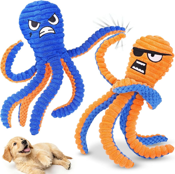 Zeaxuie Interactive Dog Toys for Chewers, 2 Pack No Stuffing Dog Toys for Teething, Squeaky Chew Toy to Keep Them Busy for Small and Medium Breed, Crinkle Octopus1