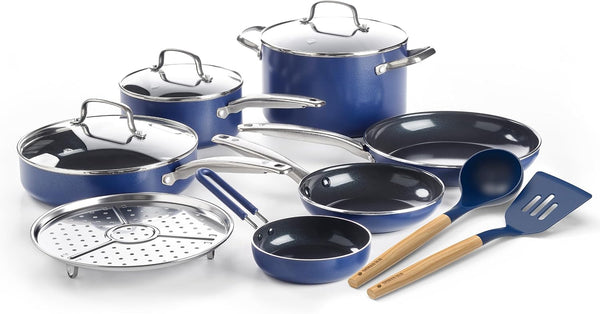 12 Piece Nonstick Cookware Set, Diamond Ceramic Pots & Pans, Dishwasher & Metal Utensil Safe, Non Toxic Pfas-Free, Kitchen Cooking Sauce & Saute Pans, Oven & Broiler to 600F, Blue1