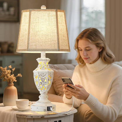 Lamps for Night Stands Set of 2-23.5" Boho Bedside Lamp with USB A+C and Nightlight - Cream Rustic Carved Resin Farmhouse Table Lamp for Bedrooms, End Tables, Living Room, Bulbs Included9