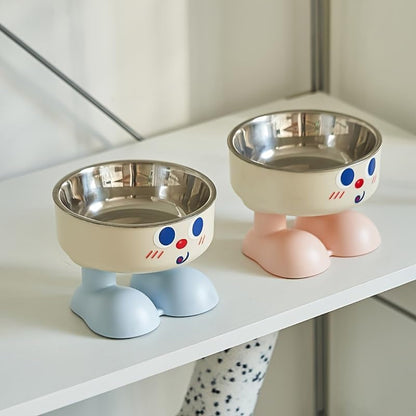 A New Mischievous Face Cartoon Pet Bowl, Stainless Steel High-Neck Cat Bowl for Feeding and Watering, Dog Bowl, Dog Dining Plate (Pink)3