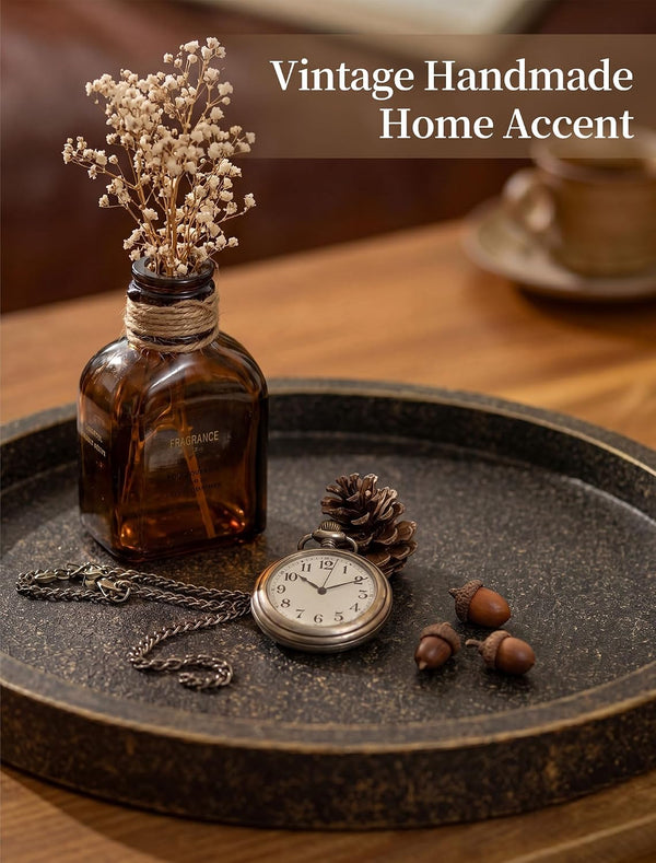round Decorative Tray for Coffee Table Decor, Vintage Brass Finish | 11.8" Small Circle Wood Candle Holder Plate for Rustic Farmhouse Living Room, Kitchen Centerpiece, Entryway3