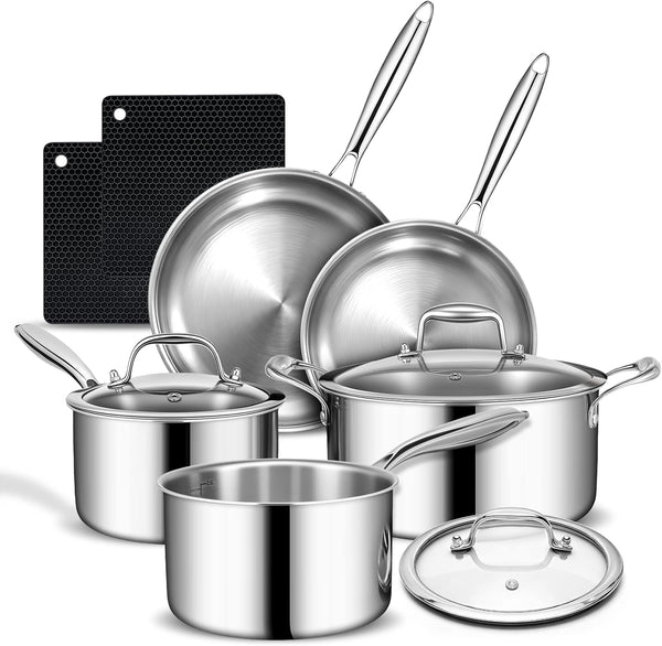 3 Ply Stainless Steel Cookware Set,  10-Pieces Pots and Pans Set, Induction Kitchen Cookware Set, Oven Safe to 500℉, Chef Quality Cooking Set W/Fry Pans, Saucepans, Dutch Oven, Kitchen Essential1