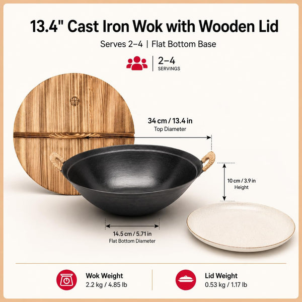 13.4 Inch Cast Iron Wok with Lid, Flat Bottom Chinese Stir Fry Pan, Uncoated Heavy Duty Wok Pan for Induction, Gas, Electric & Ceramic Stoves, Dual Handles2