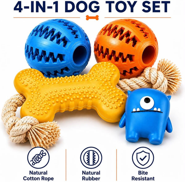 Dog Squeaky Toys for Small & Medium Dogs, 4PCS Interactive Dog Toy Set, Rubber & Rope Toys for Fetch, Tossing, Teeth Cleaning3