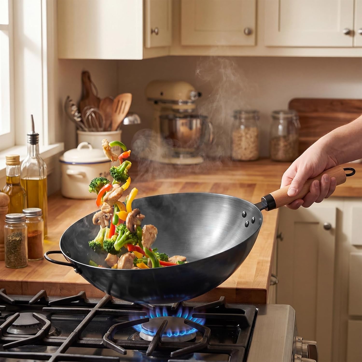 13-5-carbon-steel-wok-pan-pre-seasoned-flat-bottom-wok-for-stir-fry-bbq-grill-camping-compatible-with-induction-electric-gas-and-open-fire-black