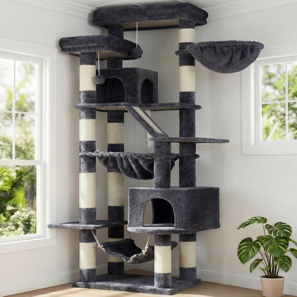 Heybly Cat Tree, 71-Inch-Tall Tower for Indoor Cats with 2 Perches HCT034W | Large Cat Furniture with 2 Big Condos, 2 Hammocks, Basket, Scratching Pad, Multi-Level Cat Condo, Light Gray18