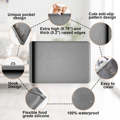Dog Food Mat 36"X24" - Silicone Dog Mat for Food and Water Large Pet Feeding Mats with Residue Collection Pocket - Waterproof Dog Cat Bowl Mat with High Edges to Prevent Water Food Spills (Gray)4