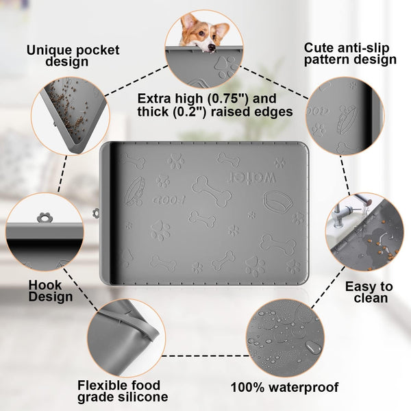 Dog Food Mat 36"X24" - Silicone Dog Mat for Food and Water Large Pet Feeding Mats with Residue Collection Pocket - Waterproof Dog Cat Bowl Mat with High Edges to Prevent Water Food Spills (Gray)4
