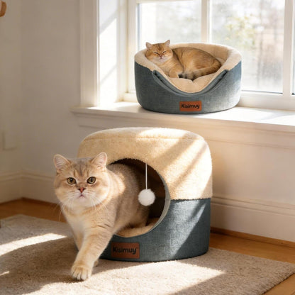 2-In-1 Foldable Cat Bed for Indoor Cats, Cat Cave & Sofa Bed | 15.7"D X 13"H, Reversible Plush & Linen Cushion,Enclosed Cat Bed, Hanging Cat Toys, Non-Slip, Small Cat House, Grey12