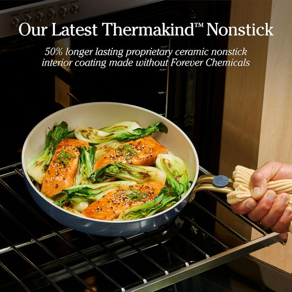 Our Place Essentials Complete Cookware Set, 8-Piece Ceramic Fry Pan Set | Ceramic Pan Trio & Modular Storage Rack Included, Thermakind Nonstick, All-Cooktop Compatible, Oven Safe up to 450°F3