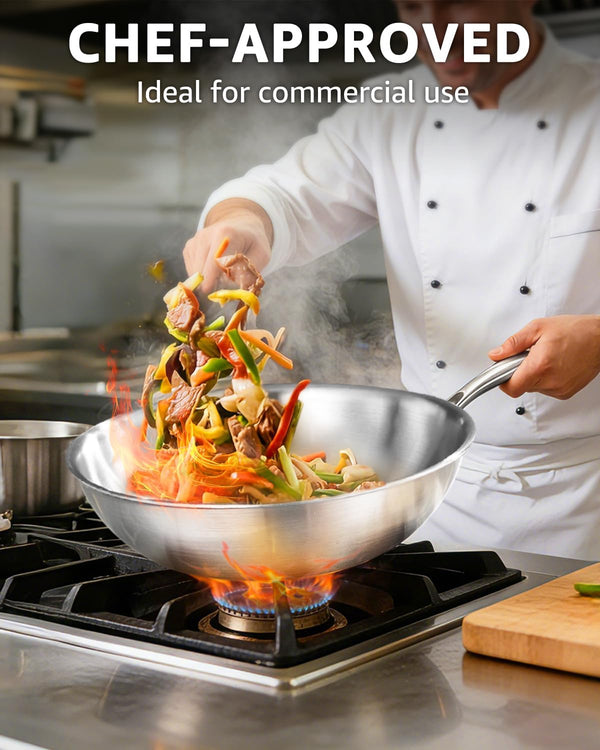 12 Inch Tri-Ply Stainless Steel Wok Pan, Uncoated Wok for Stir Fry | PFOA/PFOS Free, Heavy-Gauge Flat Bottomed Cookware, Suitable for Induction & Electric Stoves, Detachable Handle3