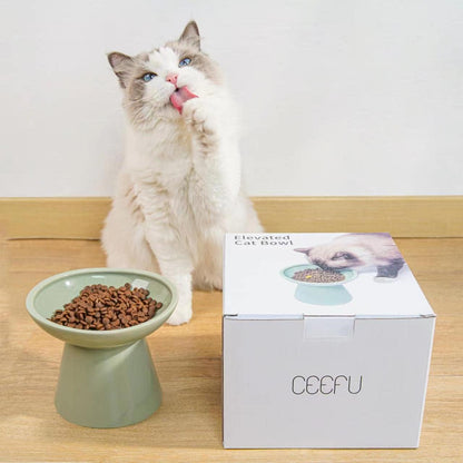 CEEFU Extra Wide Elevated Ceramic 6.2" Shallow Cat Food Bowl | Cat Dish for Whisker Fatigue Relief, 5" Height for Easy Feeding, Lead & Cadmium Free, Durable Raised Cat Bowl, Sage Green4