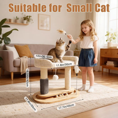 Small Wooden Cat Tree for Kittens and Small Cats, 6-In-1 Cat Tower for Indoor Cats with Bed, Sisal Scratching Post, Self-Grooming Brush, Ball Track, Plush Ball and Feather Toy, 16.5" H2