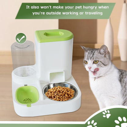 2 in 1 Automatic Cat Feeder & Water Dispenser,Gravity Pet Feeder Stainless Steel Food Water Bowl All-In-One Large Capacity Self Feeding for Cats Dogs Small Medium Pets(Green)2