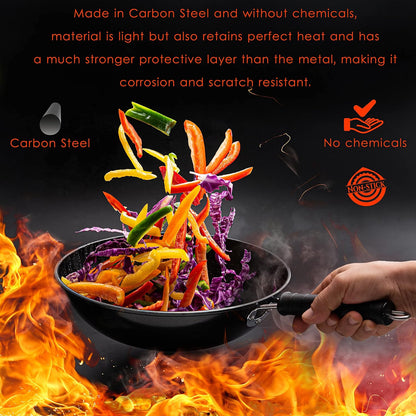 5 Pcs Carbon Wok Set, Carbon Steel Wok Pan 12 Inch Woks and Stir Fry Pans, Chinese Wok for Electric, Induction & Gas Stove with Glass Lid, Wok Spatula, Chopping Board & Paring Knife4