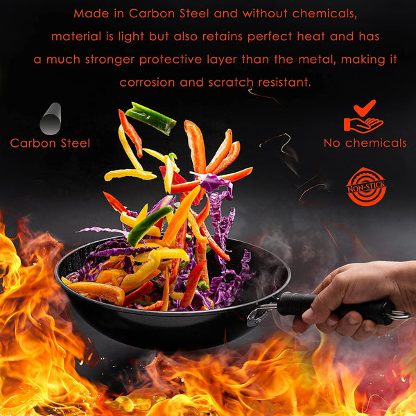5 Pcs Carbon Wok Set, Carbon Steel Wok Pan 12 Inch Woks and Stir Fry Pans, Chinese Wok for Electric, Induction & Gas Stove with Glass Lid, Wok Spatula, Chopping Board & Paring Knife4