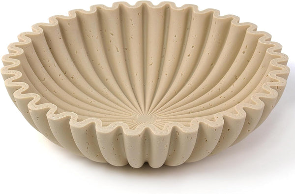 Large Decorative Bowl, Modern Handicraft Bowls for Home Decor, Decorative Fruit Bowl for Kitchen Counter, Ruffle Decor, Stylish Key Bowl for Entry Table, Artificial Travertine Beige1