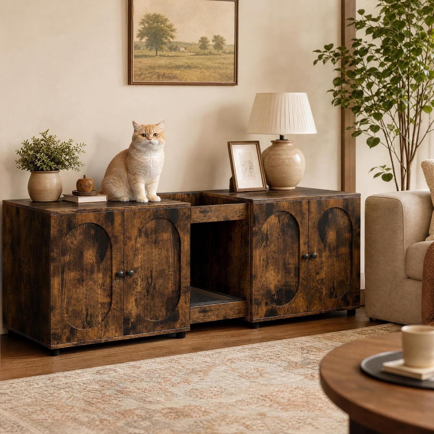 garvee-55-1-double-litter-box-enclosure-boho-cat-box-furniture-for-2-cats-cat-litter-box-furniture-hidden-with-cat-scratch-pad-large-indoor-pet-house-with-double-room-wood-color-double-room-design-fits-most-litter-boxes-built-in-litter-mat-double-roller-latch-storage-cubby-ventilated-cabinets