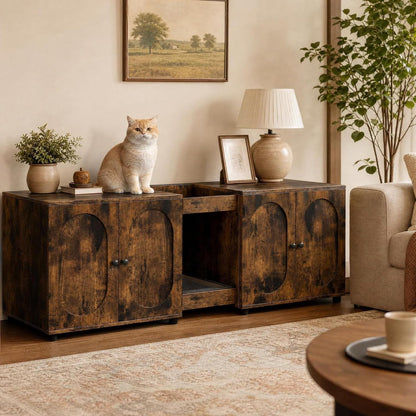 Garvee 55.1" Double Litter Box Enclosure, Boho Cat Box Furniture for 2 Cats, Cat Litter Box Furniture Hidden with Cat Scratch Pad, Large Indoor Pet House with Double Room, Wood Color | Double Room Design, Fits Most Litter Boxes, Built in Litter Mat, Double Roller Latch, Storage Cubby, Ventilated Cabinets10