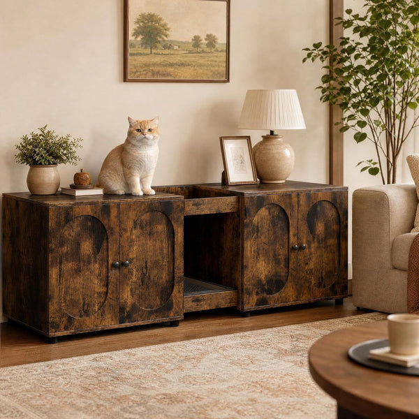 Garvee 55.1" Double Litter Box Enclosure, Boho Cat Box Furniture for 2 Cats, Cat Litter Box Furniture Hidden with Cat Scratch Pad, Large Indoor Pet House with Double Room, Wood Color | Double Room Design, Fits Most Litter Boxes, Built in Litter Mat, Double Roller Latch, Storage Cubby, Ventilated Cabinets10